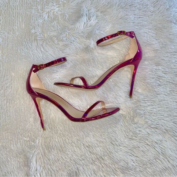 STUART WEITZMAN Sandal Nudist NEW Iridescent Patent Leather 4.5” Stiletto Pink 9 - Picture 10 of 16